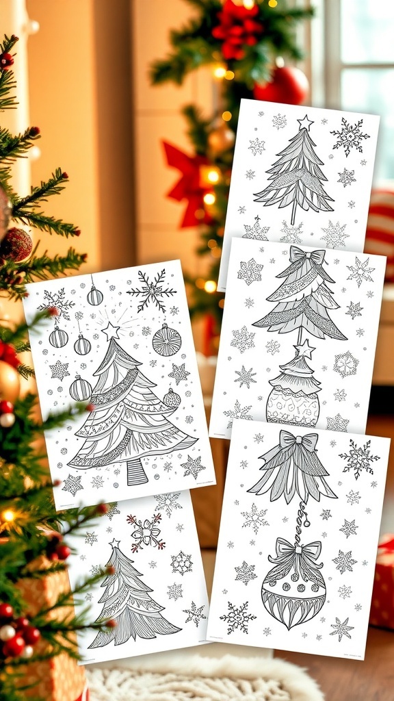 Zentangle Christmas Coloring Pages A variety of zentangle Christmas coloring pages with intricate designs of trees, ornaments, and snowflakes.